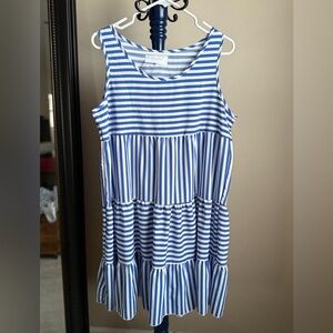 SHEIN Blue and White Striped Tiered Sleeveless Dress, Size Large